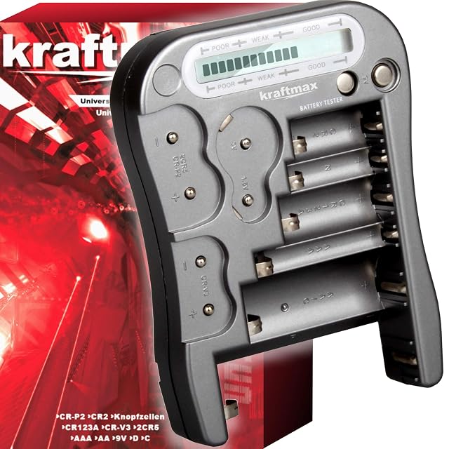 kraftmax Battery Tester V2 Professional con un bloque de 9 V, pantalla encendida