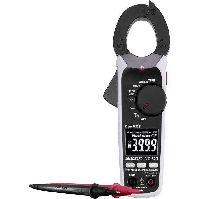 Pinza amperimétrica Voltcraft VC-523 con su selector giratorio de funciones y la mordaza abierta