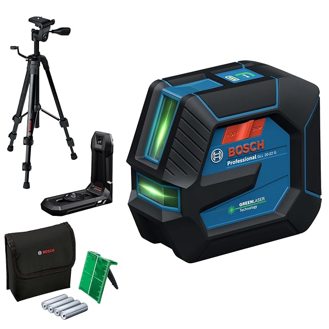 Láser verde de líneas Bosch Professional GLL 20-22 G en armadura de goma azul, con su soporte LB 10 y su placa diana