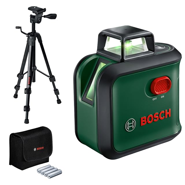 Láser verde de líneas Bosch AdvancedLevel 360 sobre su trípode incluido, proyectando una línea horizontal de 360 grados