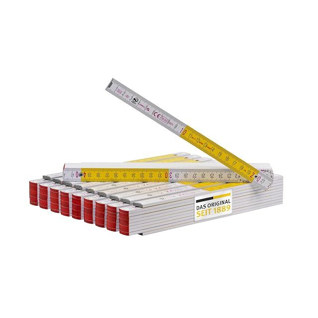 Metro plegable Stabila Type 717 en blanco y amarillo, desplegado mostrando su canto recto continuo