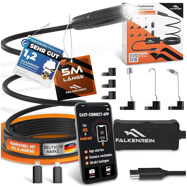 Conjunto de cámara endoscópica FALKENREIN con el cable enrollado y sus adaptadores de móvil