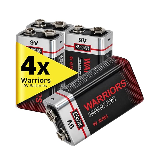 Pilas de bloque alcalinas Warriors de 9 voltios en su pack de cuatro