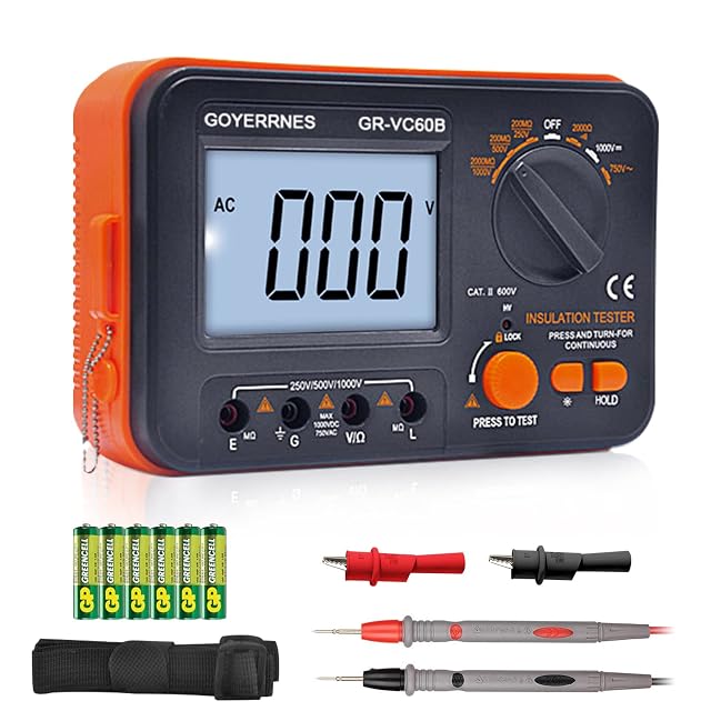 Comprobador de aislamiento GOYERRNES con su selector rotativo de rangos y su LCD retroiluminado