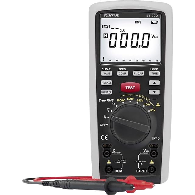 Comprobador de aislamiento Voltcraft ET-200 con su selector rotativo y su pantalla grande