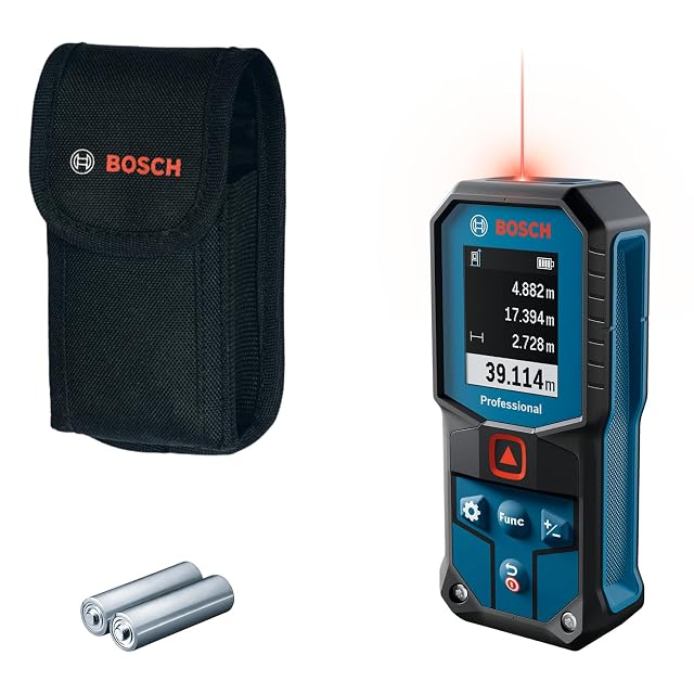 Medidor láser de distancia Bosch Professional GLM 40-31 en azul, mostrando su pantalla en color y su carcasa engomada