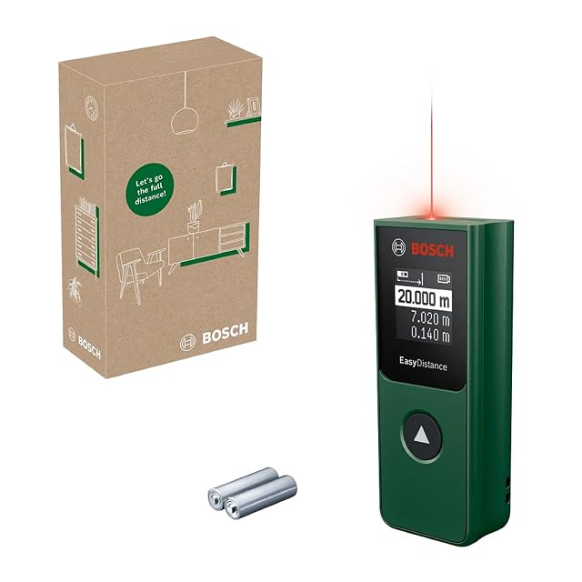 Medidor láser de distancia Bosch EasyDistance 20, un cuerpo pequeño verde y negro con un solo botón