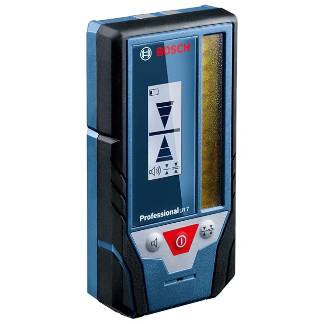 Receptor láser Bosch Professional LR 7 apoyado en una pared, con la indicación de a nivel