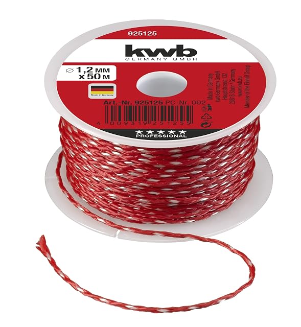 Cuerda de albañil kwb roja trenzada enrollada en su cartón