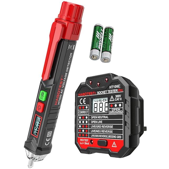 Conjunto amropi con un comprobador de enchufes y un detector de tensión sin contacto uno al lado del otro
