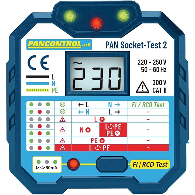 Comprobador de enchufes PANCONTROL enchufado, con sus pilotos indicadores encendidos