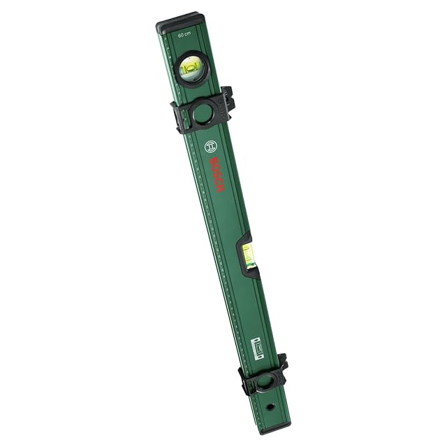Nivel de burbuja de aluminio Bosch de 60 cm mostrando sus burbujas fluorescentes, su escala impresa y sus dos correderas de marcado
