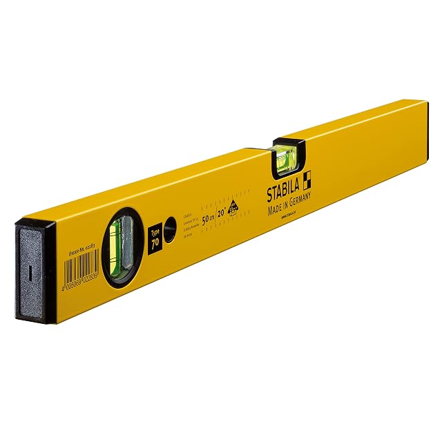 Nivel de burbuja de aluminio Stabila Type 70, de cincuenta centímetros, con su cuerpo amarillo y sus ventanas de burbuja acrílicas