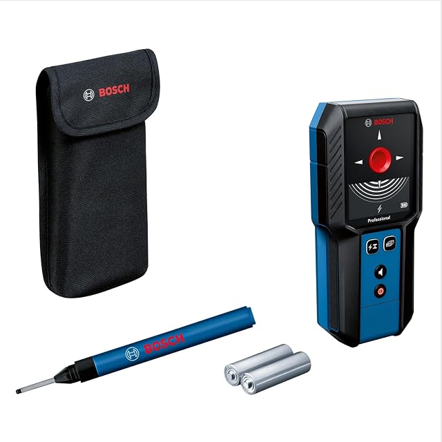 Detector de pared Bosch Professional GMS 120-27 con su anillo LED encendido en rojo sobre un objeto detectado