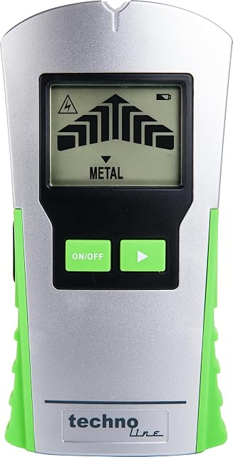 Detector de pared technoline WZ1200 apoyado en una pared de pladur, con la pantalla mostrando un montante