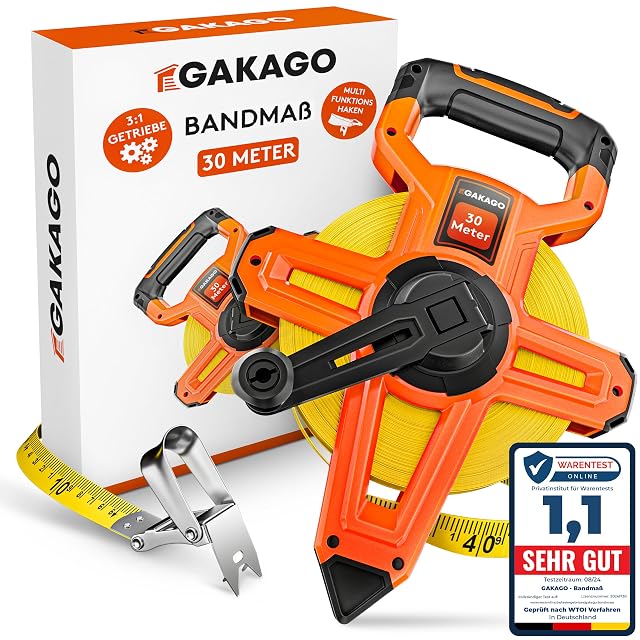 Cinta métrica de carrete abierto Gakago con su manivela de recogida plegable desplegada