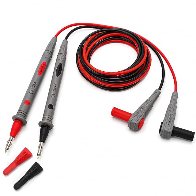 Puntas de prueba PeakTech TKS-4 enrolladas, con sus clavijas banana acodadas y sus puntas de prueba