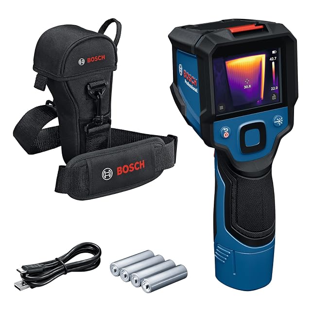 Cámara térmica Bosch Professional GTC 12V-450-13 en azul, mostrando una imagen térmica en su pantalla