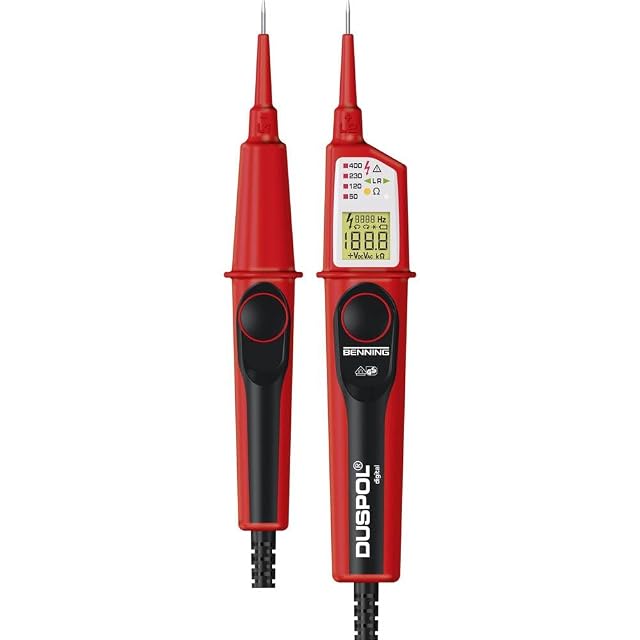 Comprobador bipolar BENNING DUSPOL digital con su pantalla digital y su cable enrollado