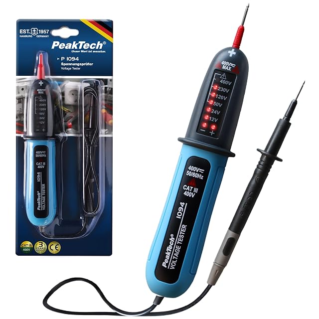 Comprobador bipolar de tensión PeakTech P 1094 con sus dos puntas y su escala LED